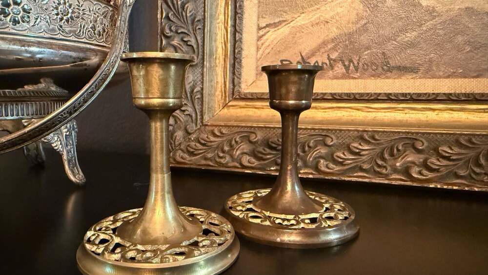 Vintage Pair of Filigree Base Solid Brass Candlestick Holders 4 Inch